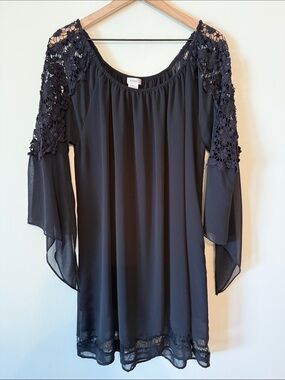ESLEY Black Lace Off-the-Shoulder Shift Dress | Asymmetrical Bell Sleeves